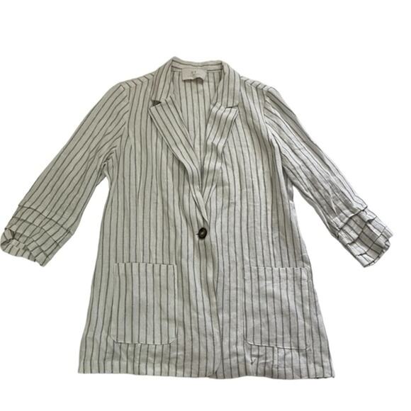 H by Halston V-Neck Linen Blend Sliver Stripes Metallic Pocket Blazer Size L - Picture 1 of 9